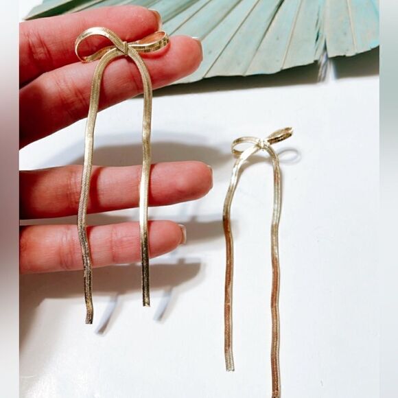 Gold bow drop earrings #96 - Picture 5 of 6